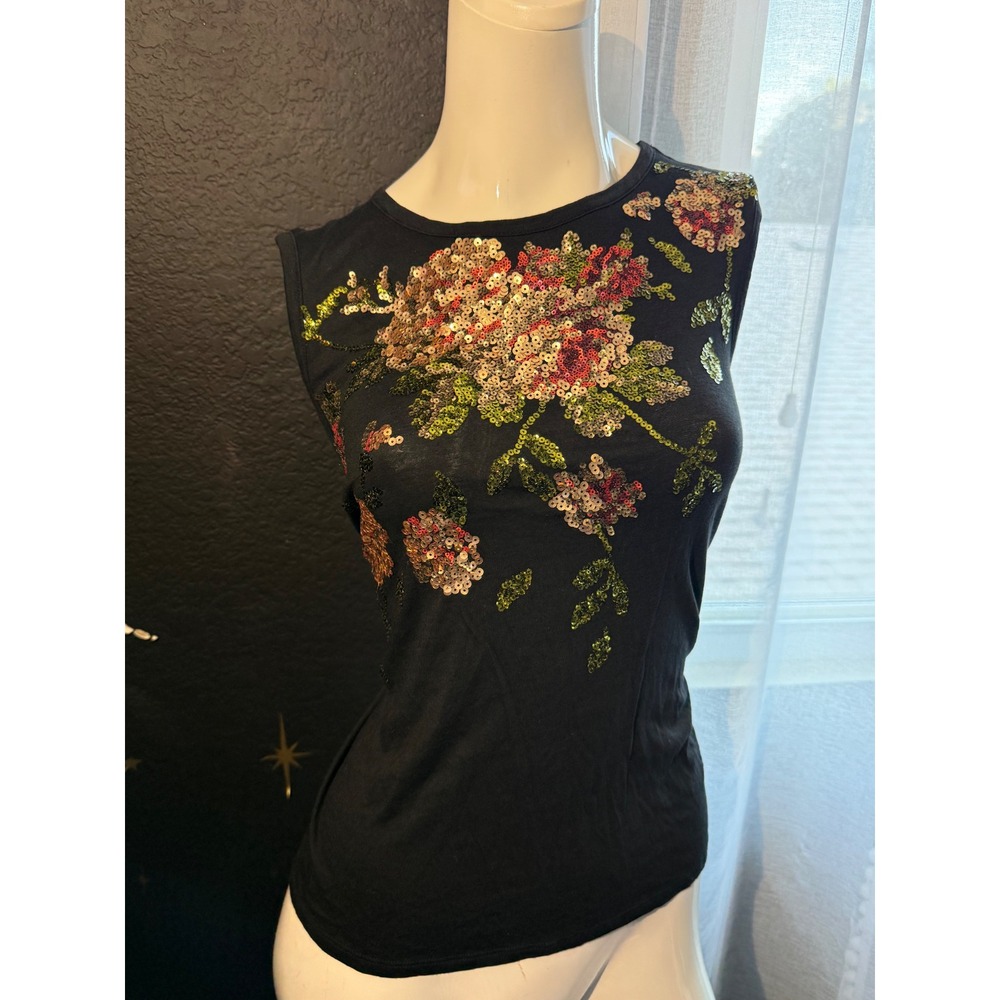 Express Womens Black Sequin Floral Sleeveless Tank Top Crew Neck‎ Small